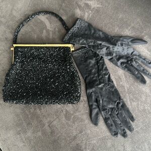 Cocktail Bag and Matching Satin Gloves w/high quality beads/sequins. Handmade.